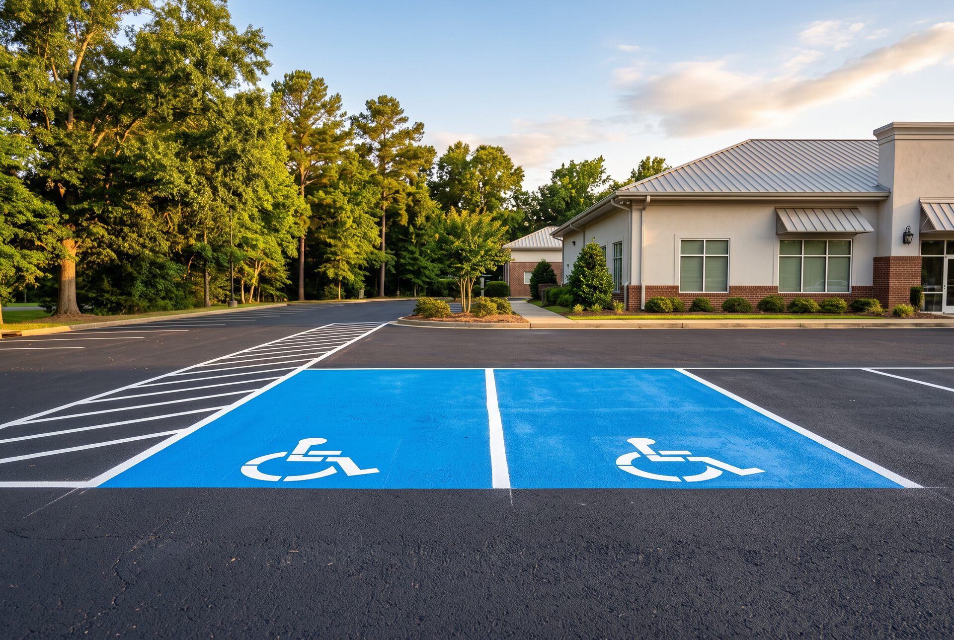 Two ADA-compliant accessible parking stalls with painted wheelchair symbols on a freshly sealed commercial lot
