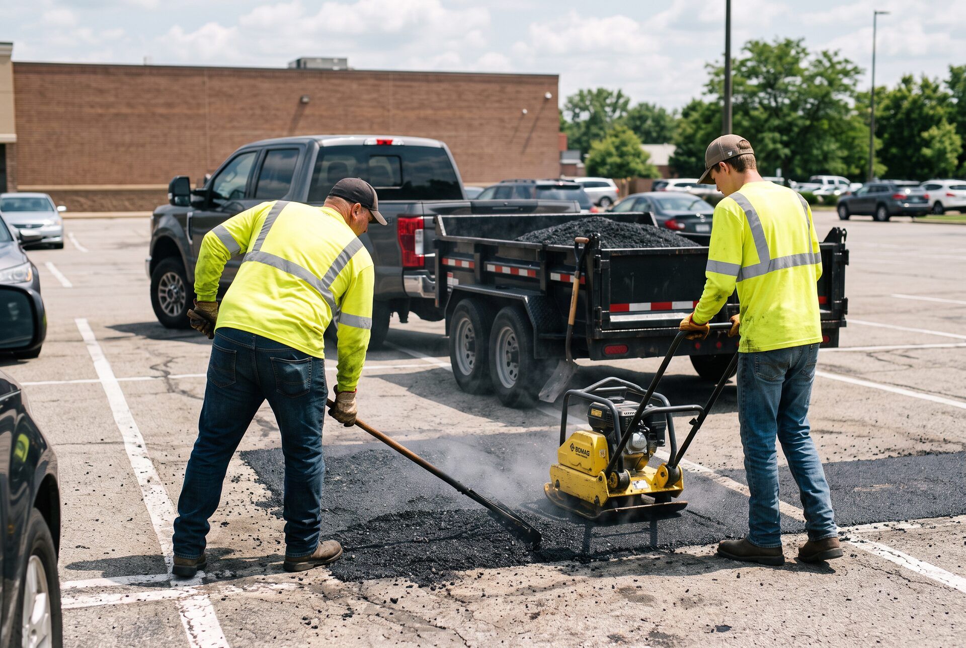 A two-man crew compacting a hot-mix asphalt patch with a plate compactor on a commercial parking lot