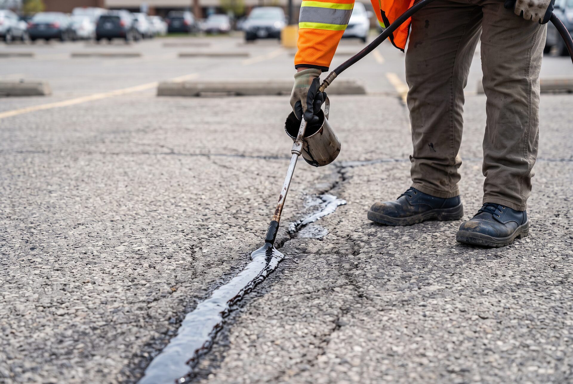 A worker applying hot rubberized crack sealant to a cracked asphalt parking lot