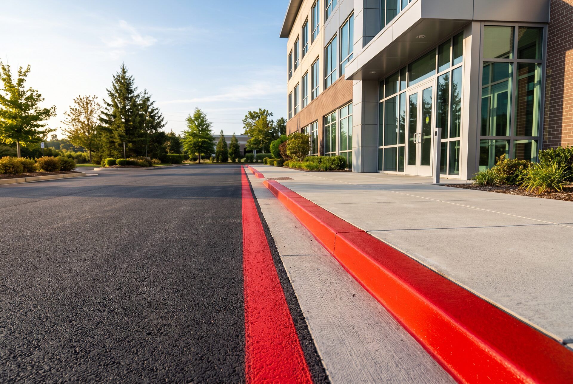 A freshly painted red fire lane curb running alongside a commercial building