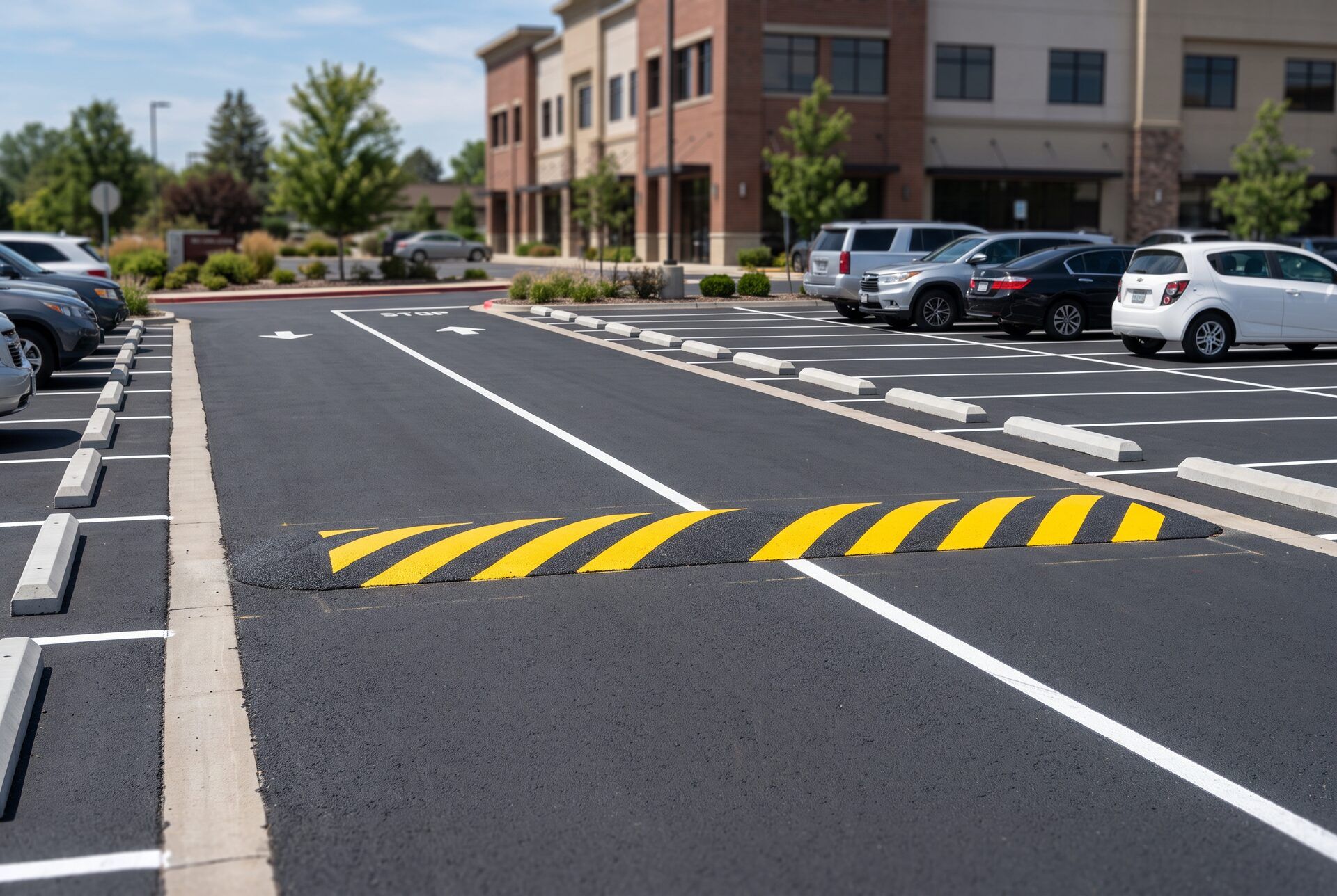 A yellow and black striped speed hump across a commercial parking lot drive lane